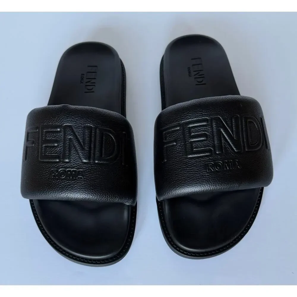 Fendi Men's Roma Leather Slide Sandals Black 8 US/7 UK IT 7X1649 NIB $750